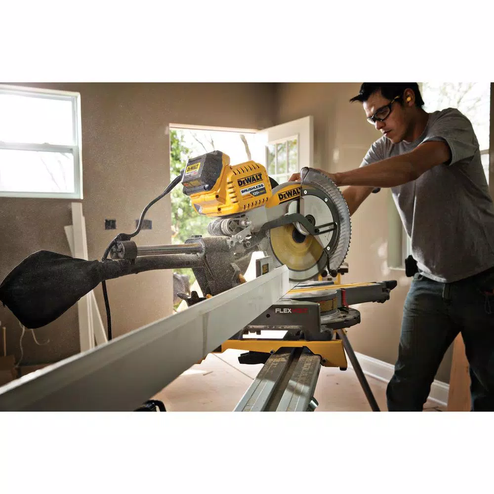 DEWALT 12 in. FLEXVOLT Brushless Sliding Compound Miter Saw Kit with Stand, 2 6.0 Ah Batteries & AC Adapter