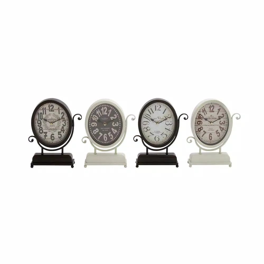 LITTON LANE 12 in. x 9 in. International Cafe Oval Desk Clocks, Set of 4, Distressed Black & White Farmhouse Style