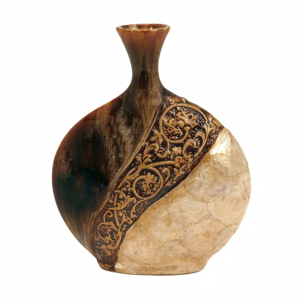LITTON LANE 14 in. Mediterranean Ceramic and Capiz Shell Urn Vase - Brown and Gold