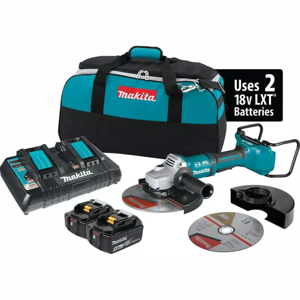 Makita 18V X2 LXT (36V) 9 in. Brushless Paddle Switch Angle Grinder Kit with 5.0 Ah Batteries & Grinding Wheels