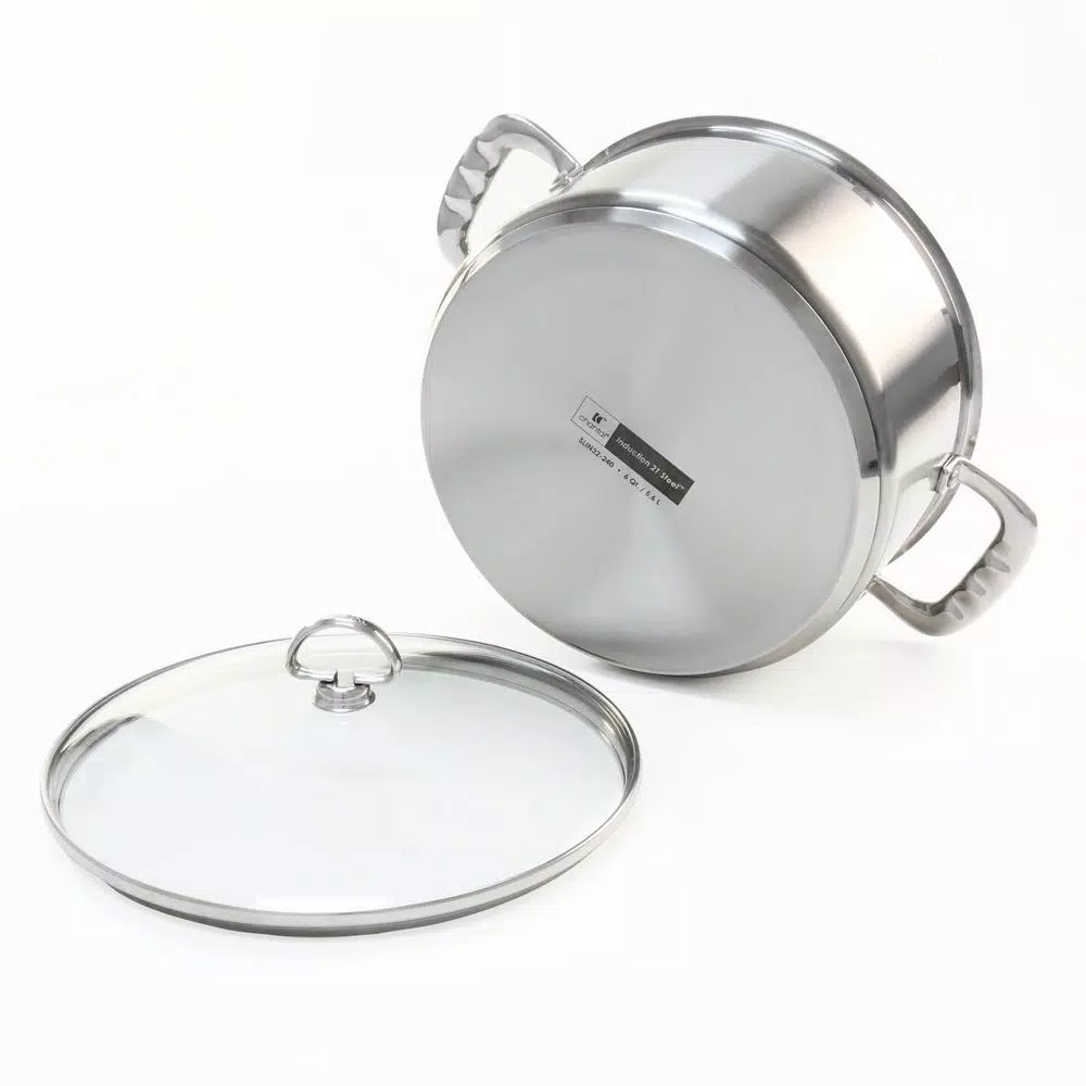 Chantal Induction 21 Steel 6 Qt. Round Stainless Steel Casserole Dish with Glass Lid, Brushed Stainless Steel