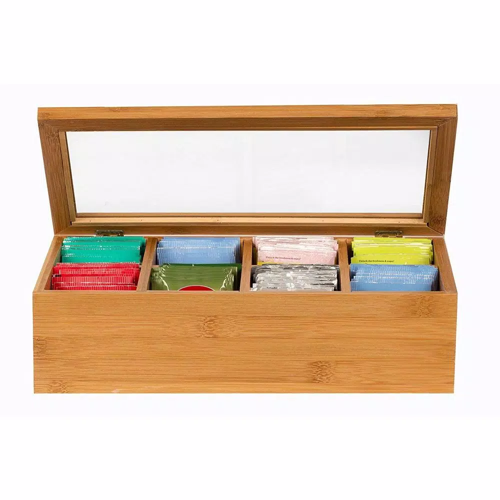 Unbranded Natural Bamboo Tea Storage Box with Transparent View Window, 120+ Tea Bag Capacity