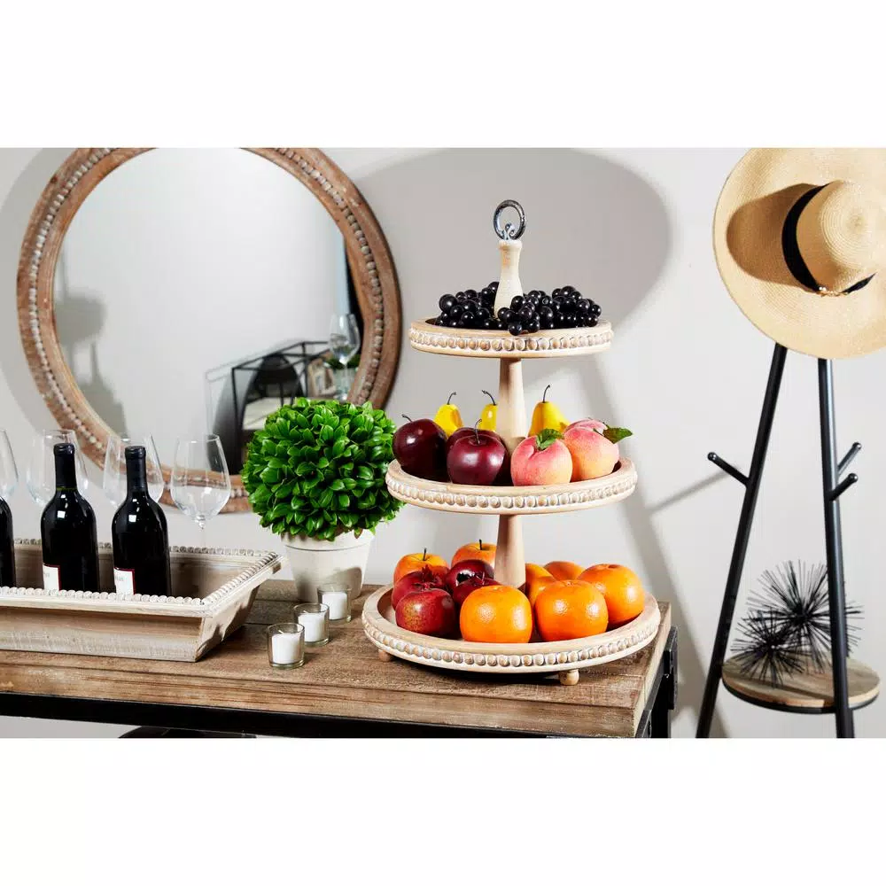 LITTON LANE 3-Tier Round Birch Wood and Metal Decorative Serving Tray with Whitewash Finish