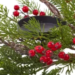 Nearly Natural 6.5 in. Berry and Pine Triple Candle Candelabrum, Red and Green Holiday Tabletop Decor thumbnail 2