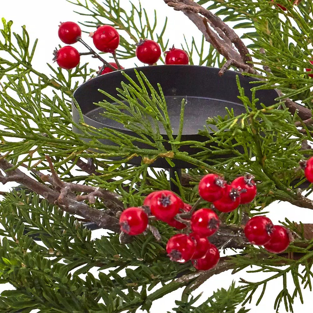 Nearly Natural 6.5 in. Berry and Pine Triple Candle Candelabrum, Red and Green Holiday Tabletop Decor
