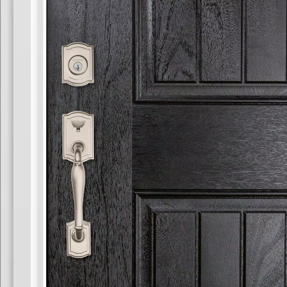Baldwin Prestige Wesley Single Cylinder Satin Nickel Handleset with Arch Rose Carnaby Knob and SmartKey Security