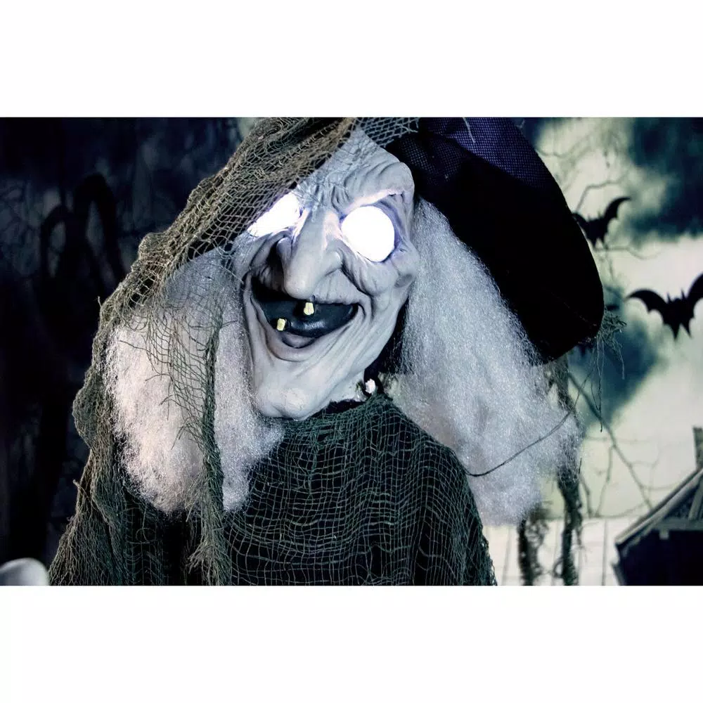 Haunted Hill Farm 6 ft. Animatronic Talking Witch Halloween Prop with Shrunken Skull