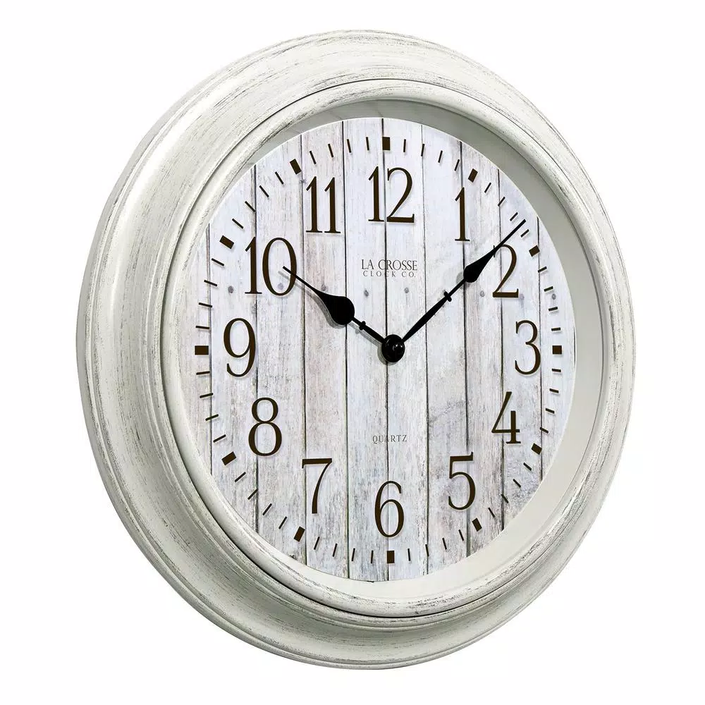 La Crosse Technology 14 in. Round White Distressed Barn Wood Style Wall Clock with Quartz Movement