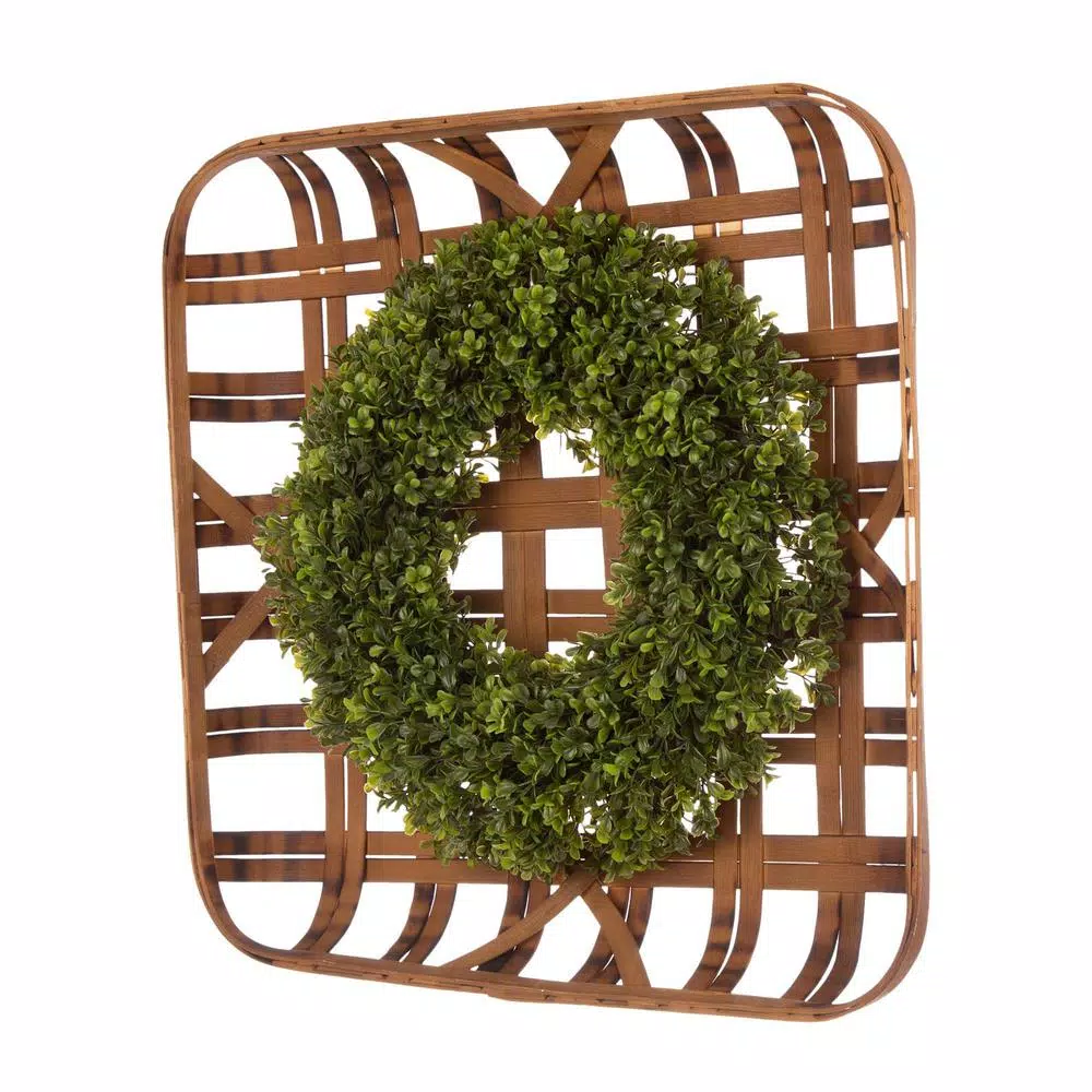 Glitzhome 18 in. Boxwood Wreath with 24 in. Bamboo Tobacco Basket Decor Set