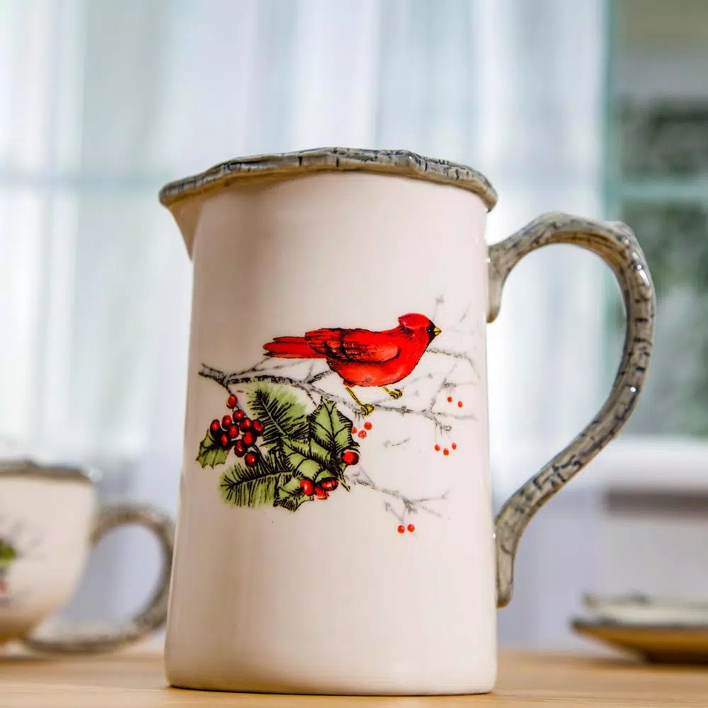 Home Essentials Cardinal Holly Ceramic Pitcher, 33 fl. oz. Red Holiday Serving Pitcher