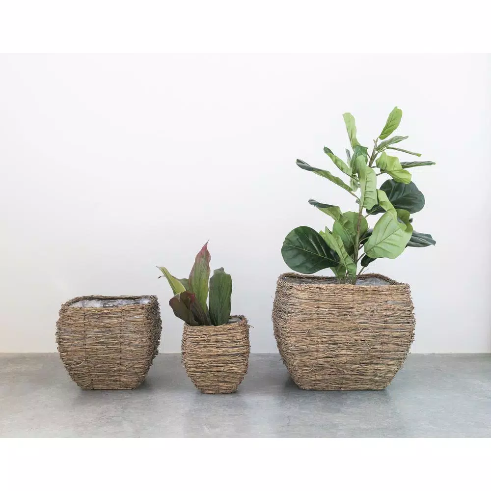 3R Studios Bamboo Branch Decorative Wicker Baskets with Plastic Lining, Set of 3, Brown