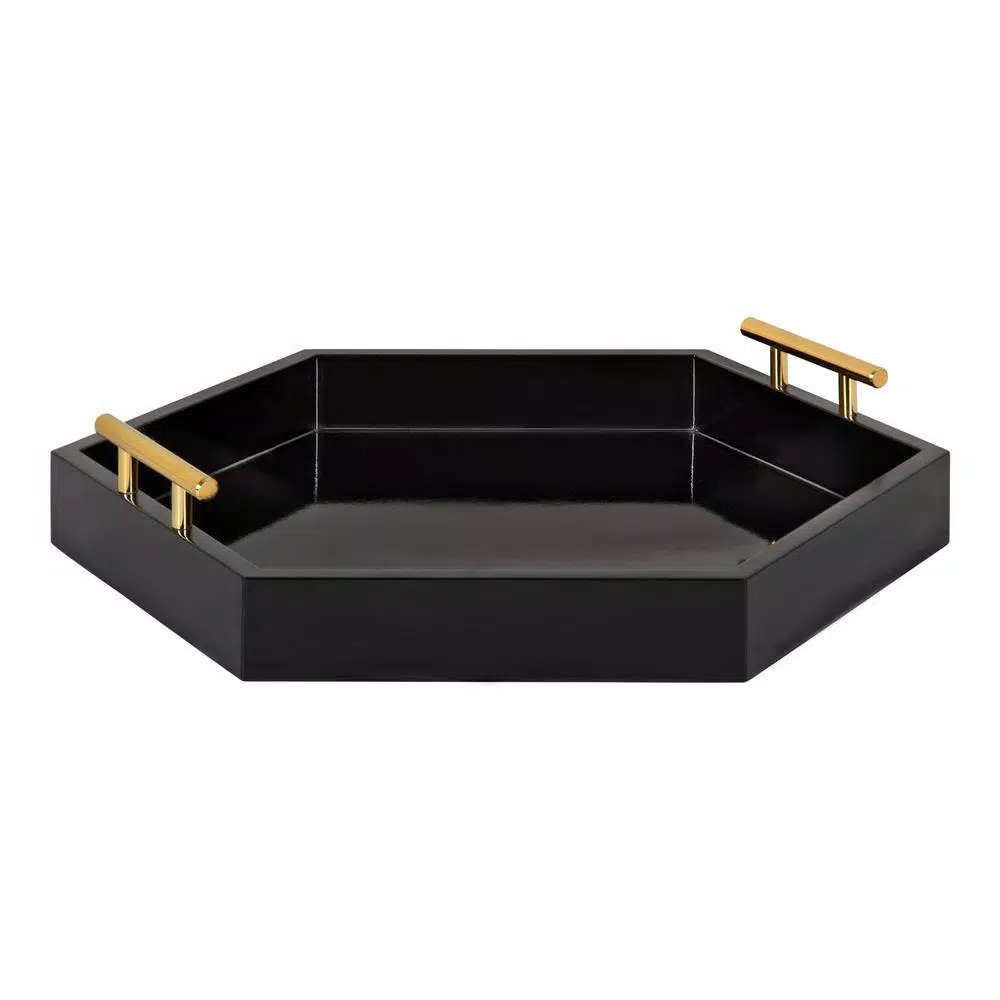 Kate and Laurel Lipton 18 in. Black and Gold Hexagon Decorative Serving Tray with Metal Handles