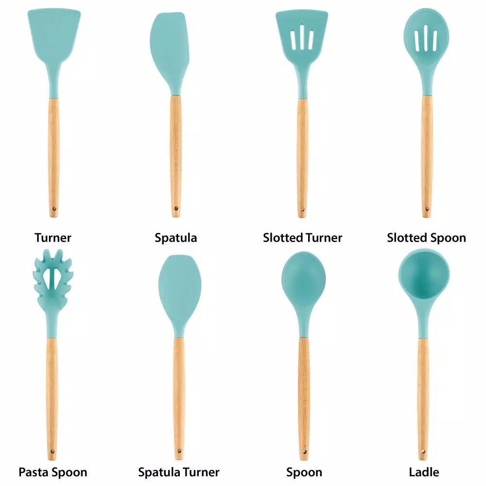 MegaChef 9-Piece Light Teal Silicone and Wood Kitchen Utensil Set
