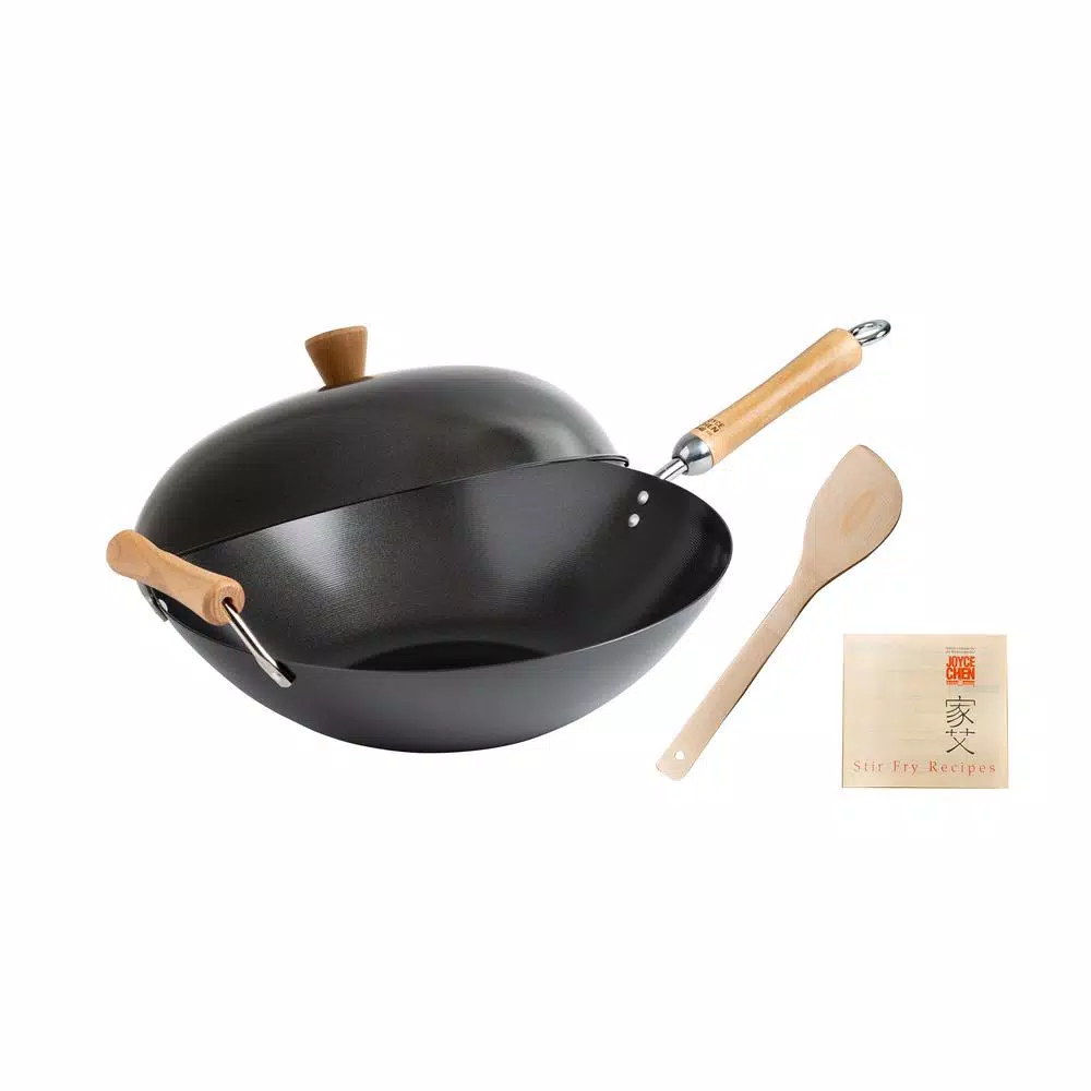 Honey-Can-Do Joyce Chen 4-Piece Carbon Steel Non-Stick Wok Set with High Dome Lid, Bamboo Spatula, and Recipe Booklet