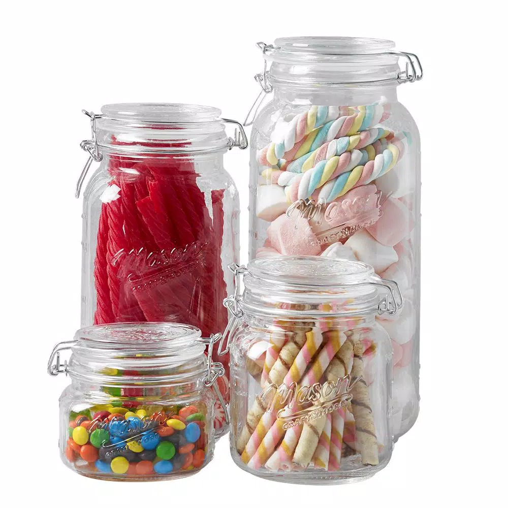 MASON CRAFT & MORE 4-Piece Embossed Glass Mason Jar Set - Airtight Kitchen Canisters