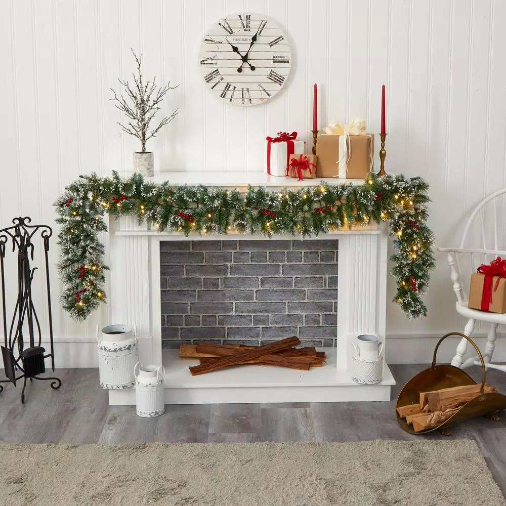Nearly Natural 9 ft. Pre-lit Frosted Swiss Pine Artificial Garland with 50 LED Lights and Berries