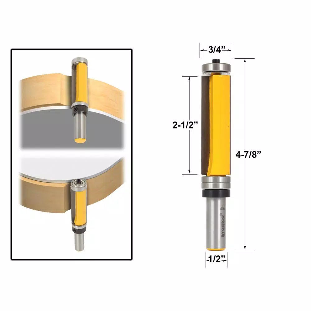 Yonico Carbide Tipped Top and Bottom Bearing Flush Trim Router Bit, 1/2 in. Shank, 2-1/2 in. Cut Length