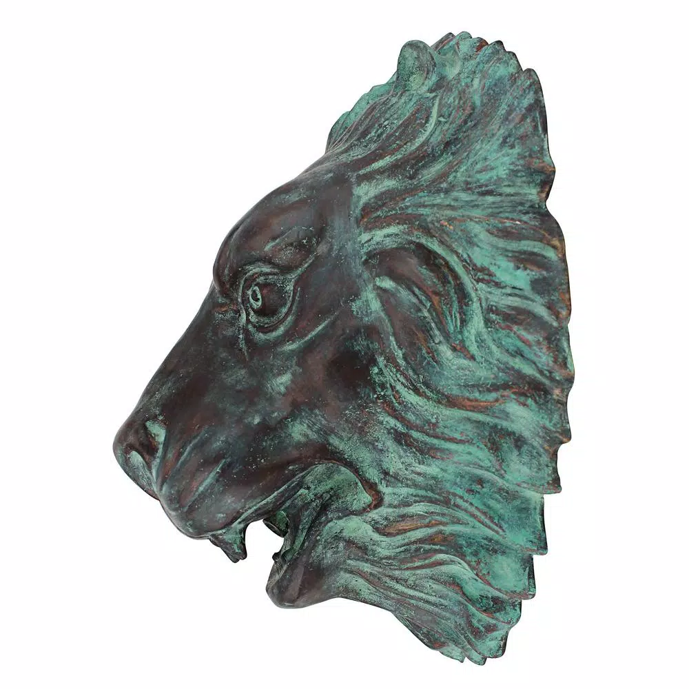 Design Toscano 13 in. Florentine Lion Head Bronze Wall Fountain with Verdigris Patina