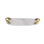 LITTON LANE 20 in. White Marble Oval Decorative Tray with Gold Leaf and Vine Aluminum Handles thumbnail 2