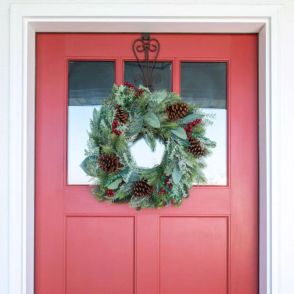 Village Lighting Company 24 in. Winter Frost Artificial Christmas Wreath with Red Berries and Pinecones