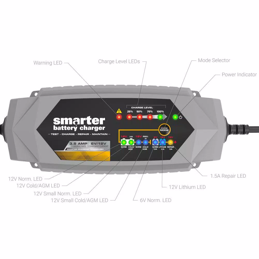 Smartech Products Smarter IC-3500 3.5A Smart Automotive Battery Charger, Maintainer & Repairer for 6V/12V Lead-Acid and Lithium Batteries