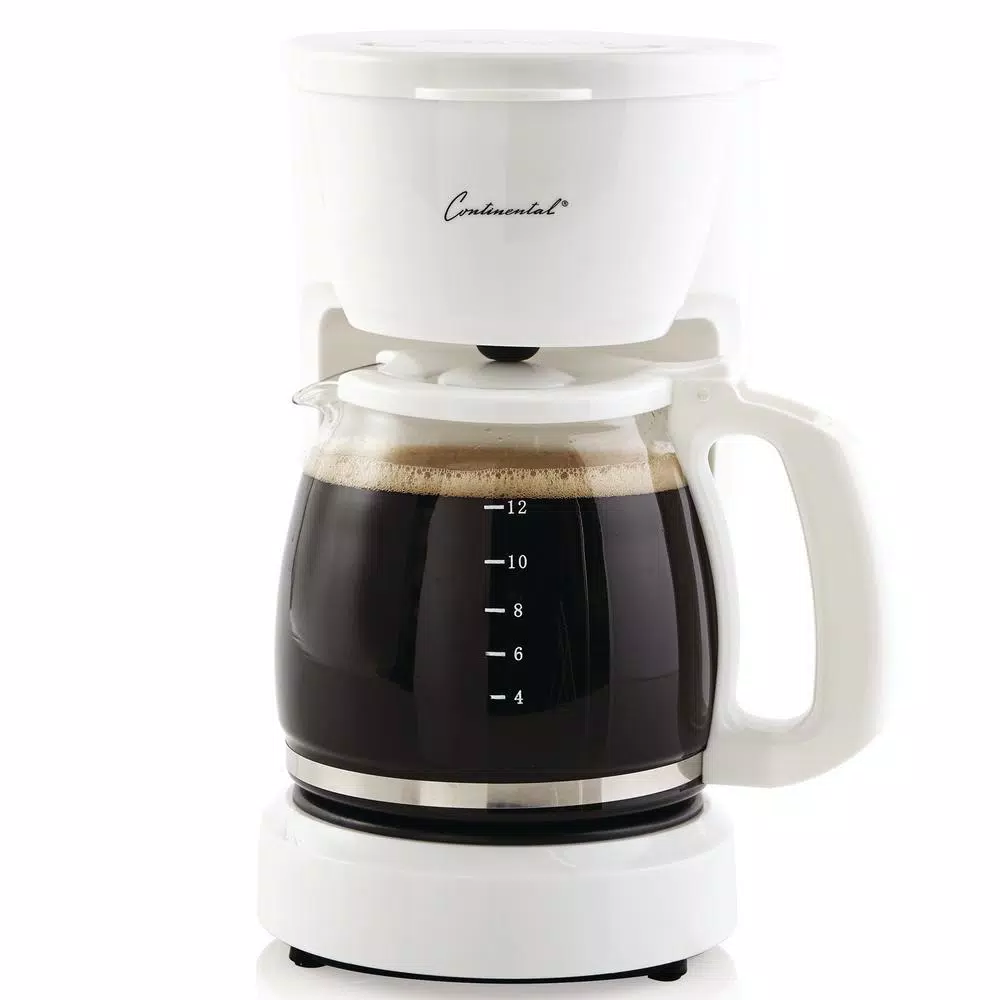 Continental 12-Cup Drip Coffee Maker with Permanent Filter and Pause-and-Serve Function, White