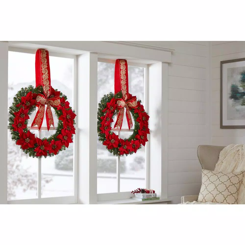 Home Accents Holiday 30 in. Berry Bliss Pre-Lit LED Artificial Christmas Wreath with Red Poinsettias