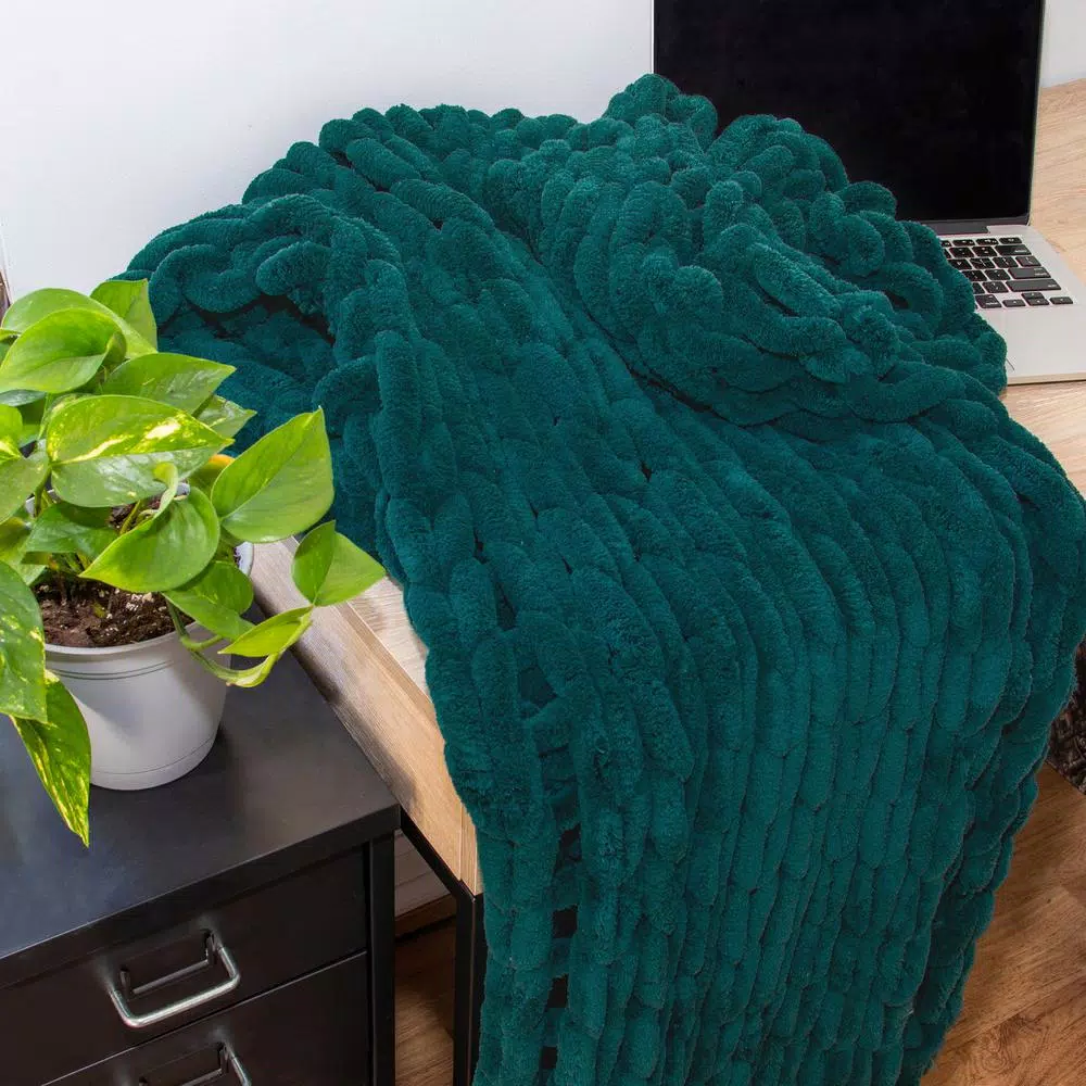 DONNA SHARP Peacock Chenille Chunk Knit Throw Blanket, 40 x 50 in, Modern Solid Style
