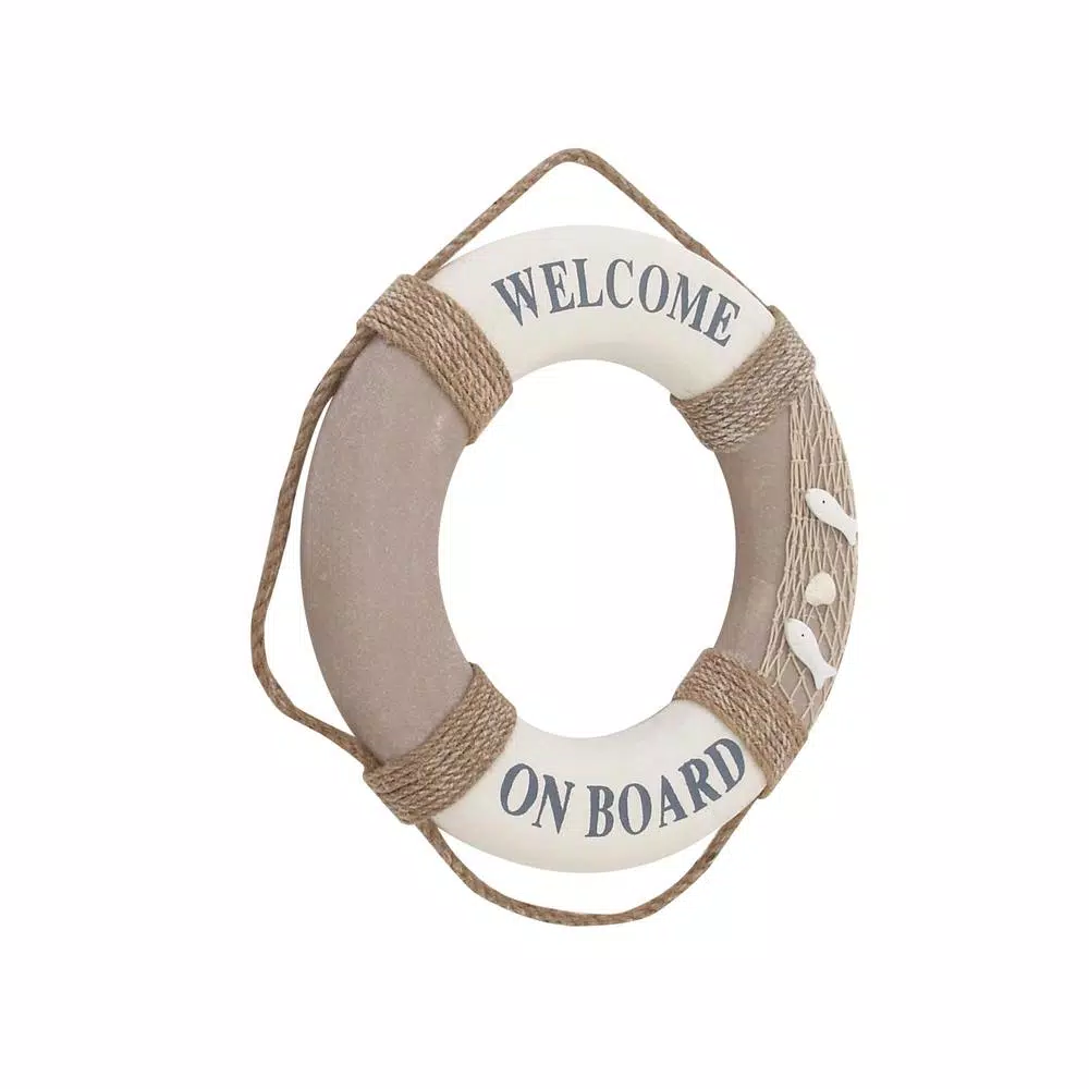 LITTON LANE 16 in. Coastal Living Decorative Life Ring Wall Decor - White & Brown Nautical Lifebuoy with Rope Hanger
