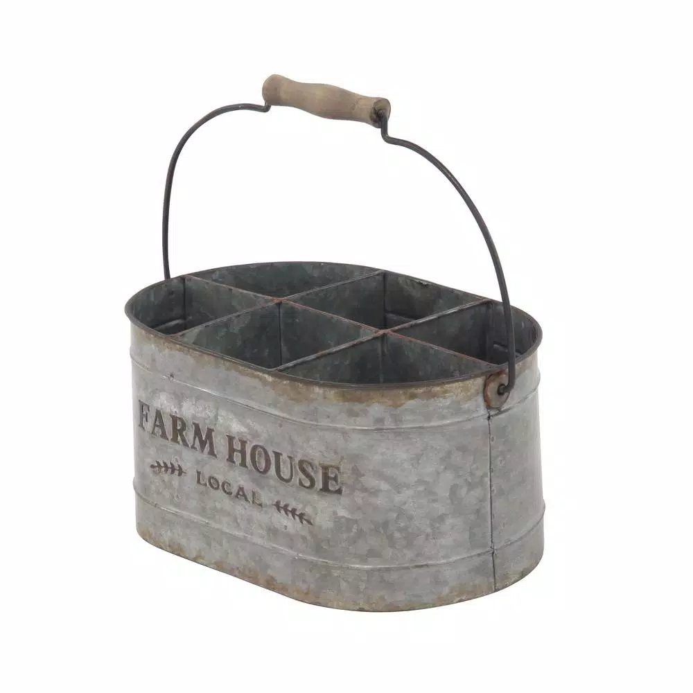 LITTON LANE Distressed Silver Iron 6-Bottle Oval Wine Caddy with Fir Wood Handle