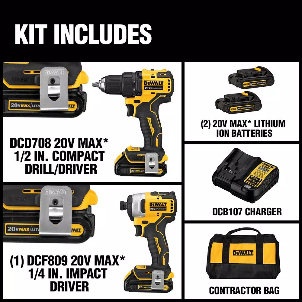 DEWALT ATOMIC 20V MAX Brushless Cordless 2-Tool Combo Kit with (2) 1.3Ah Batteries, Charger & Bag