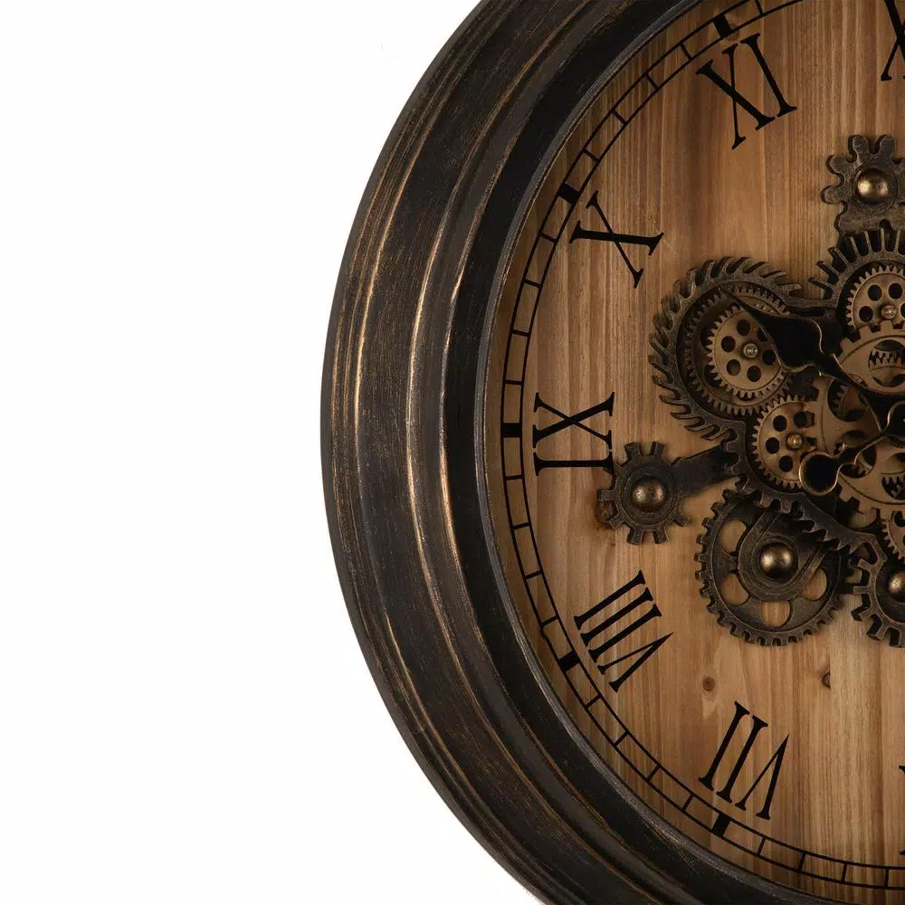 Glitzhome 27.76 in. Vintage Industrial Oversized Wall Clock with Moving Gears and Roman Numerals