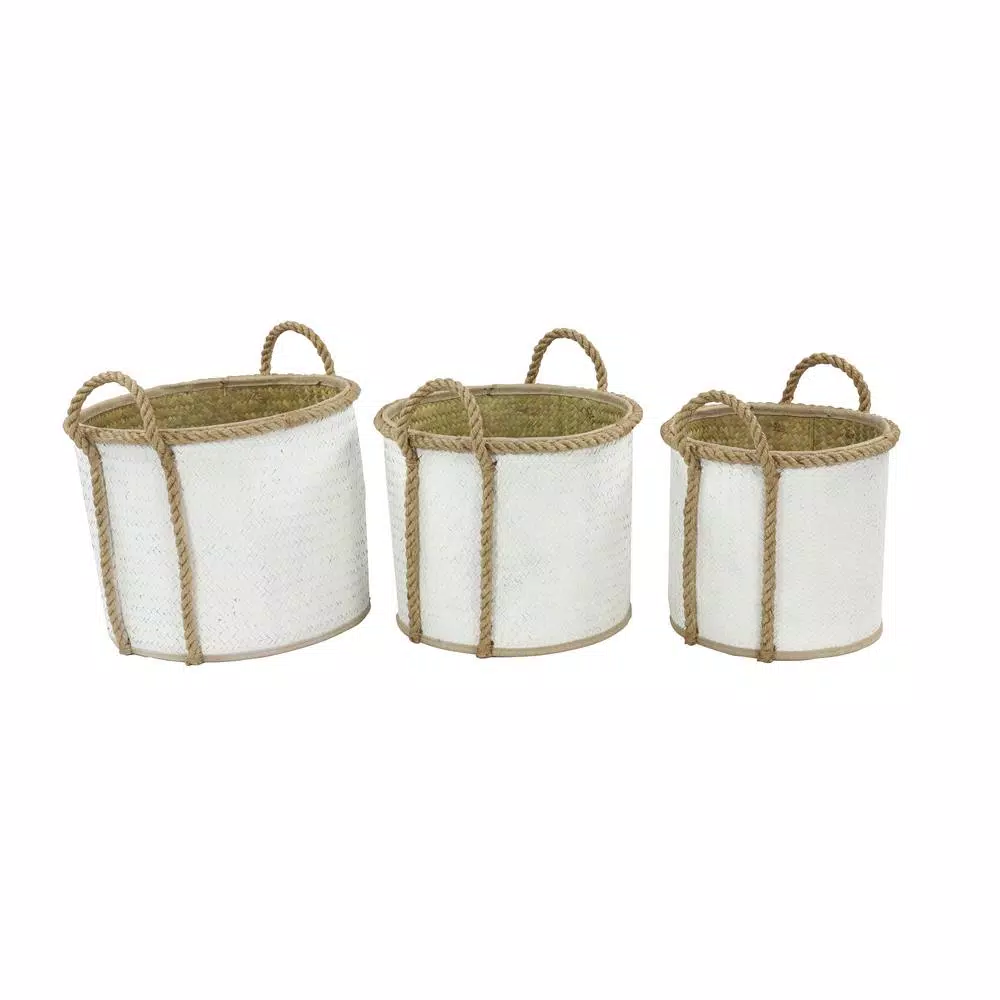 LITTON LANE Set of 3 Round Palm Leaf and Rope Wicker Storage Baskets with Handles, White