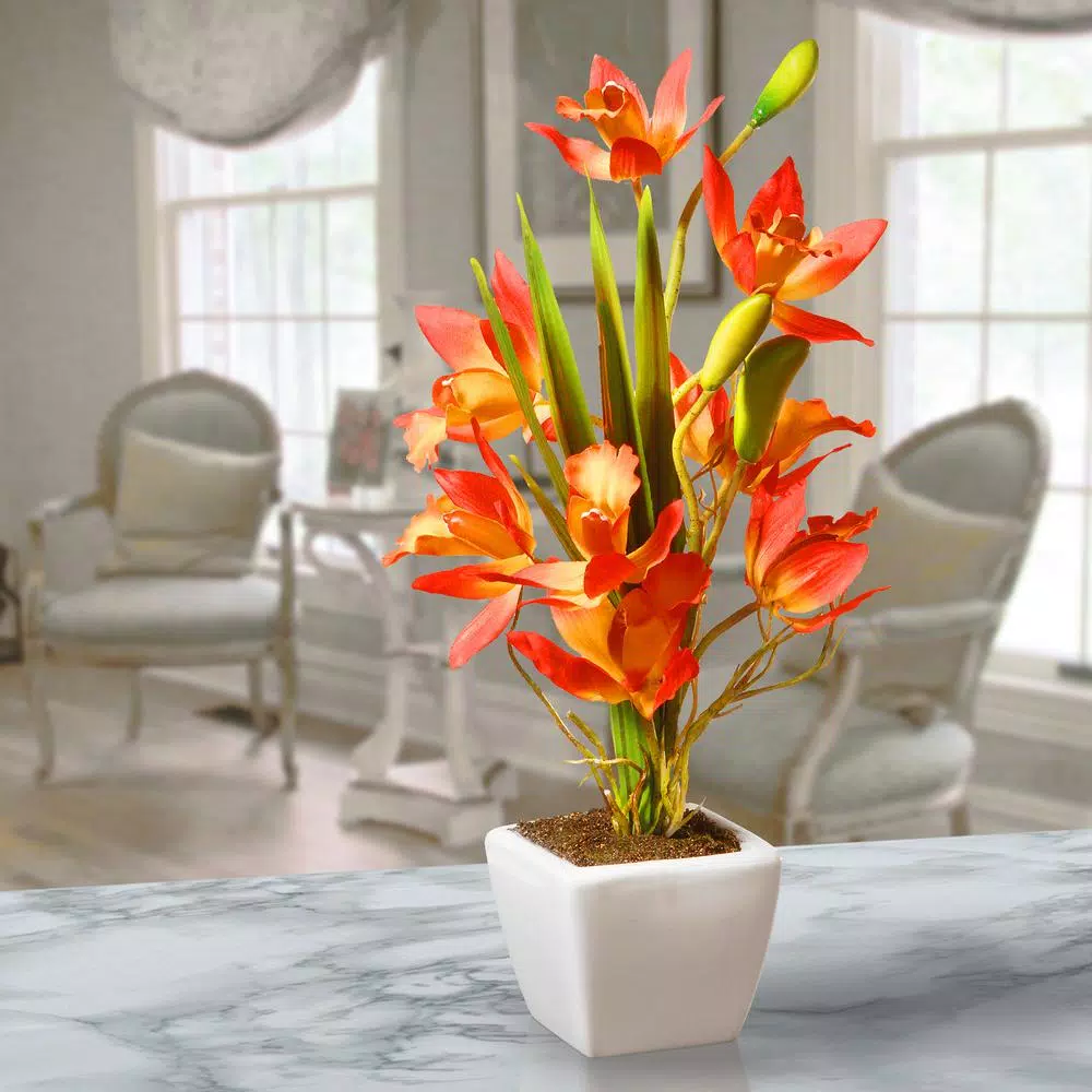 National Tree Company 13 in. Artificial Silk Orchid Floral Arrangement in White Ceramic Pot