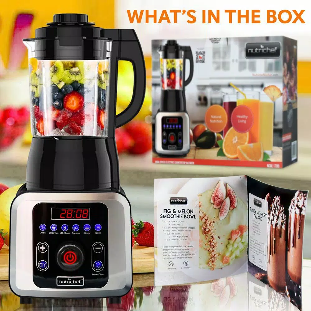 NutriChef 59 oz. 9-Speed Digital Countertop Blender with Heating Function, 1000W