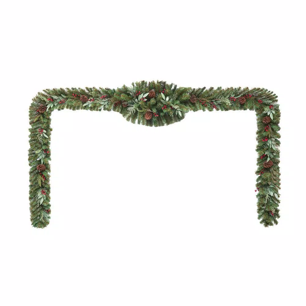 Home Accents Holiday Woodmoore 17 ft. Artificial Christmas Garland with Poinsettias, Berries, and Pinecones