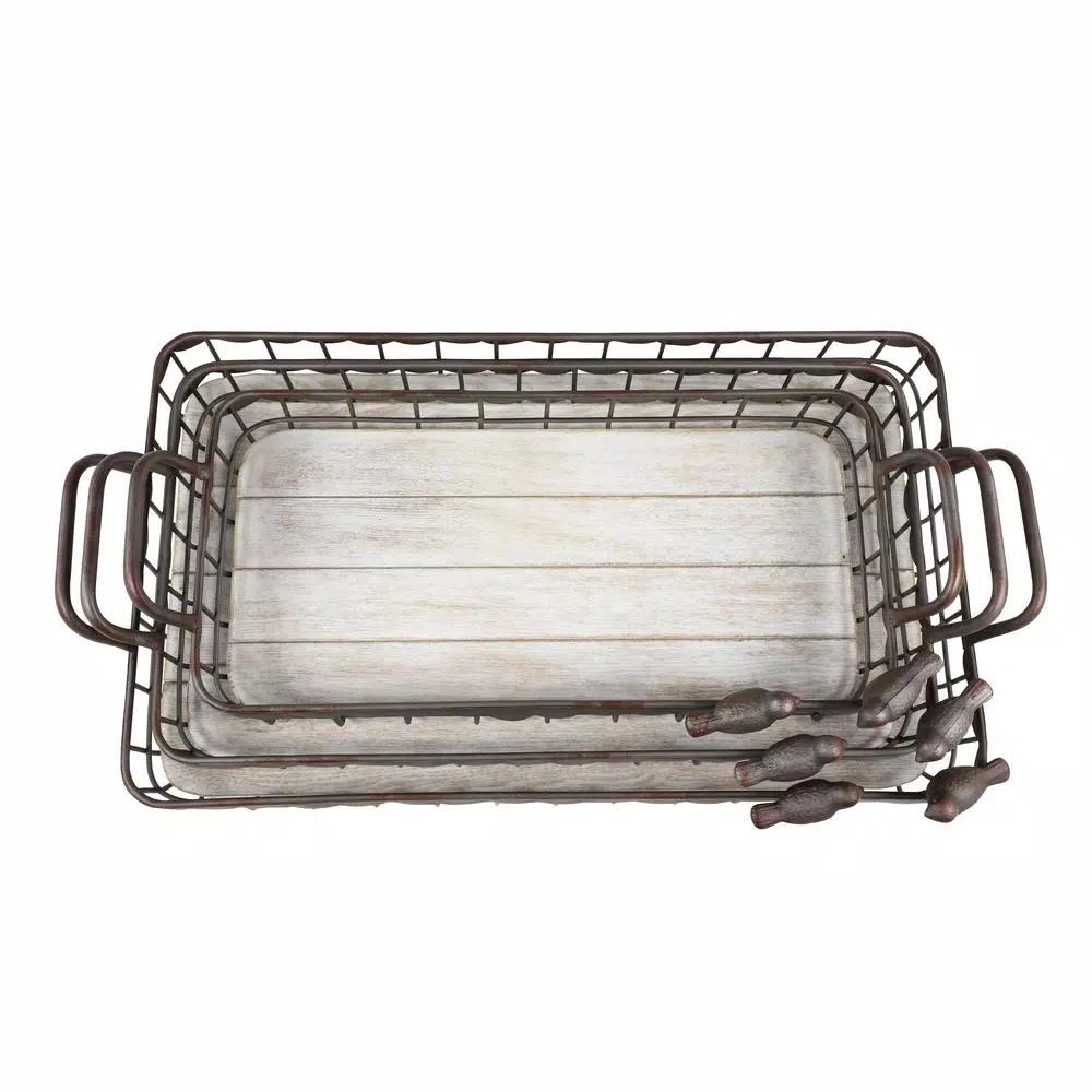 LITTON LANE Set of 3 Rectangular Farmhouse Decorative Trays with Bird Figurines, Brown Metal and Whitewashed Wood