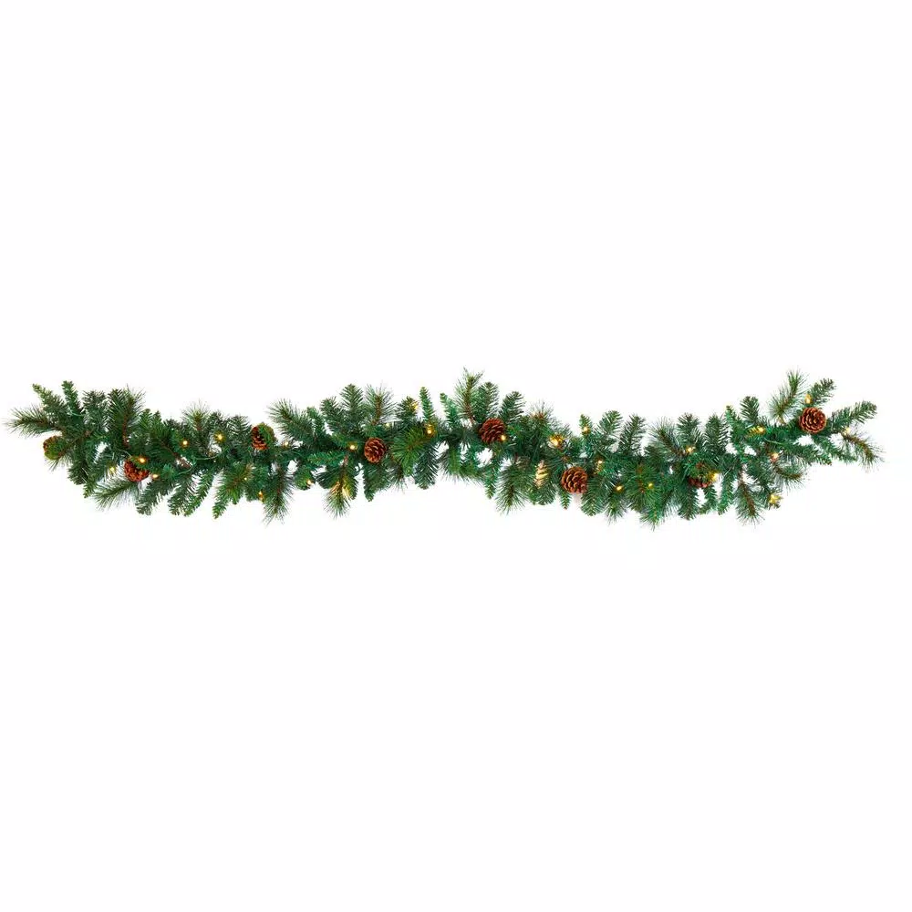 Nearly Natural 6 ft. Pre-lit Artificial Mixed Pine and Pinecone Garland with 35 Clear LED Lights