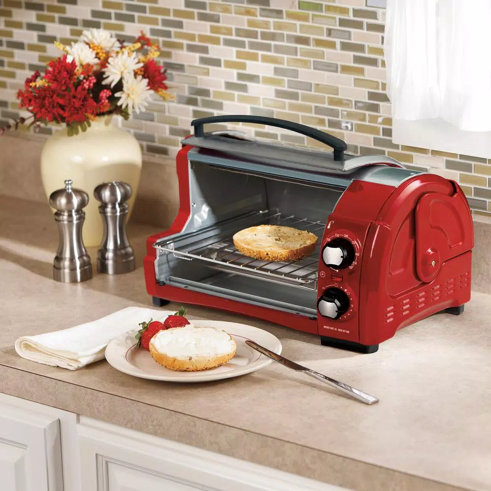 Hamilton Beach Easy Reach 1200W 4-Slice Toaster Oven with Roll-Top Door, Red