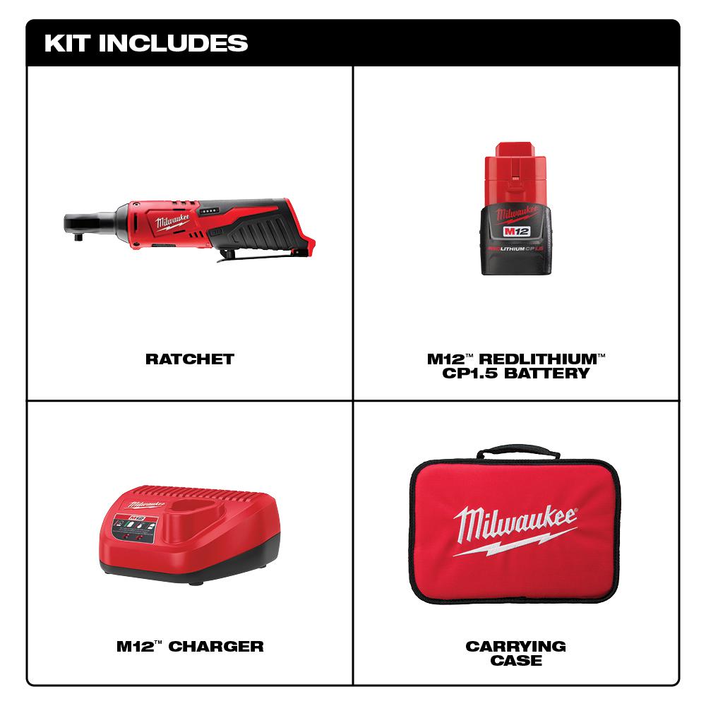 Milwaukee M12 12V Lithium-Ion Cordless 1/4 in. Ratchet Kit with 1.5 Ah Battery, Charger and Tool Bag