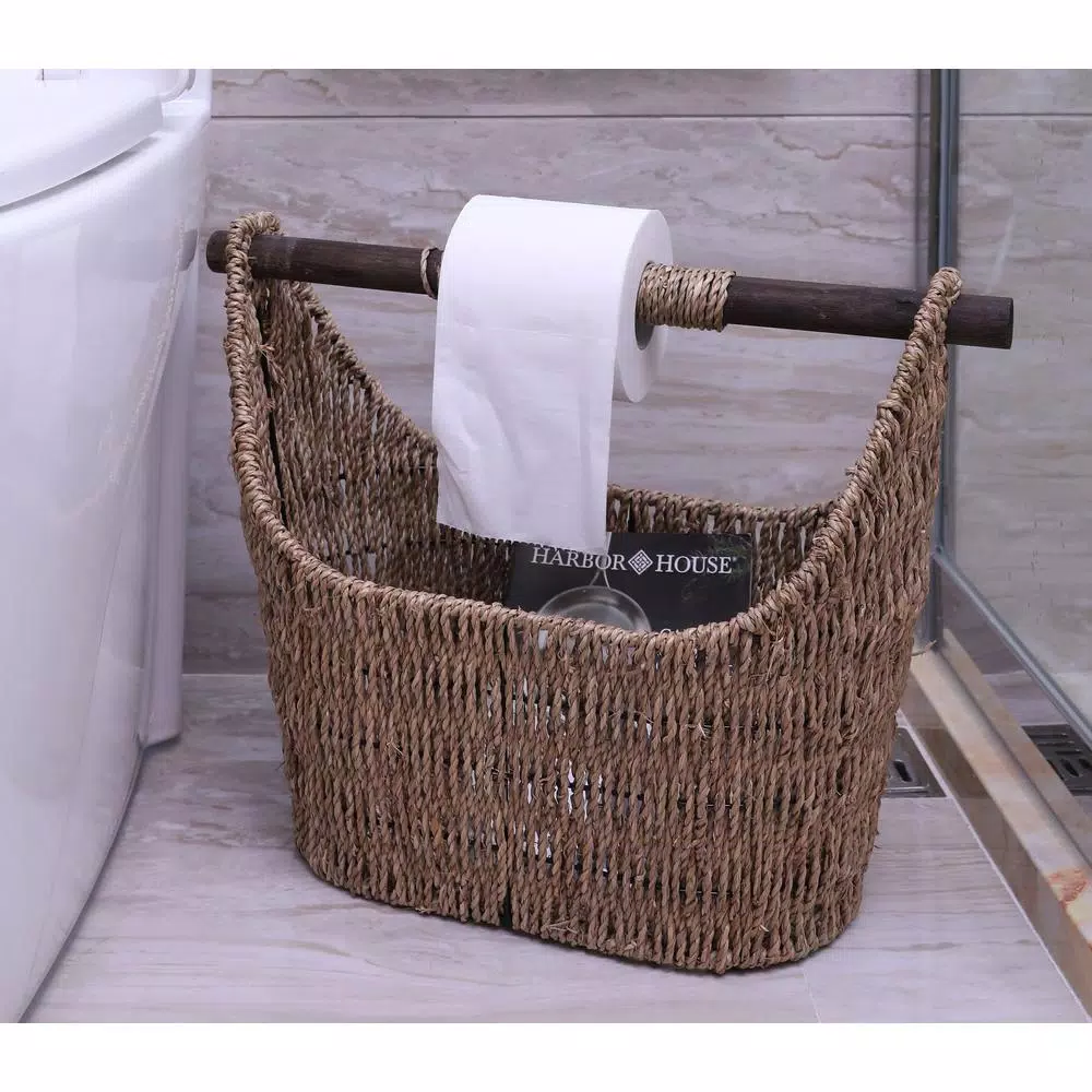Unbranded Seagrass Magazine and Toilet Paper Holder Basket with Wooden Rod - Natural