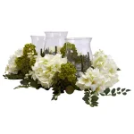 Nearly Natural 9.5 in. White Snowball Hydrangea Triple Candelabrum Decorative Floral Arrangement thumbnail 3