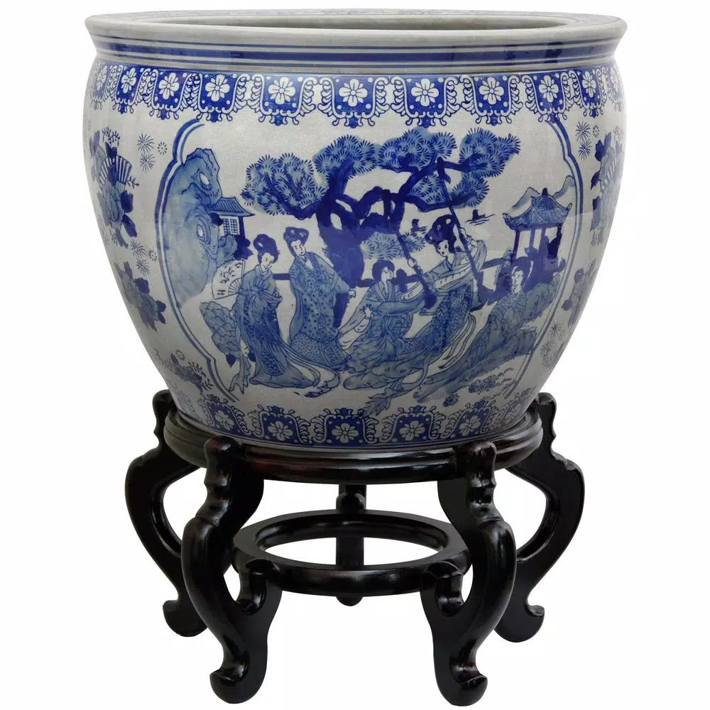 Unbranded Oriental Furniture 18 in. Blue and White Porcelain Fishbowl Planter