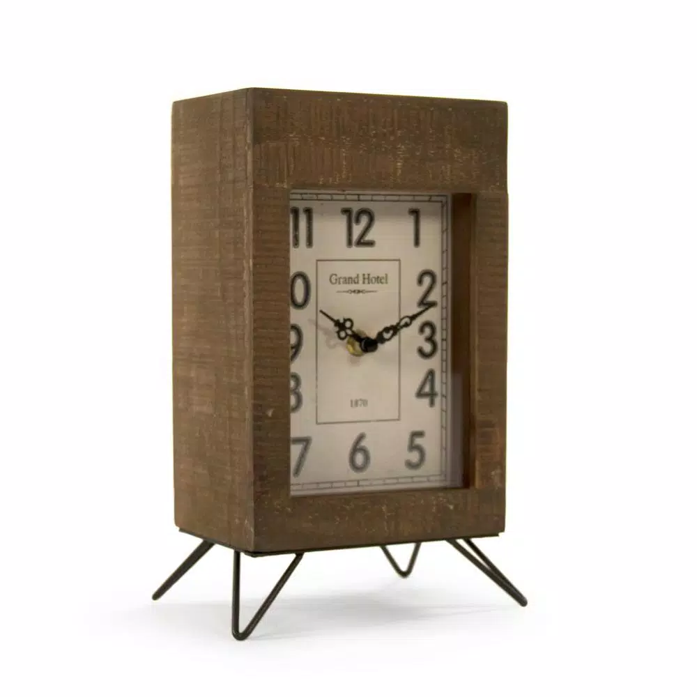 Zentique Rustic Wooden Rectangular Desk Clock with Metal Legs and Antiqued Face