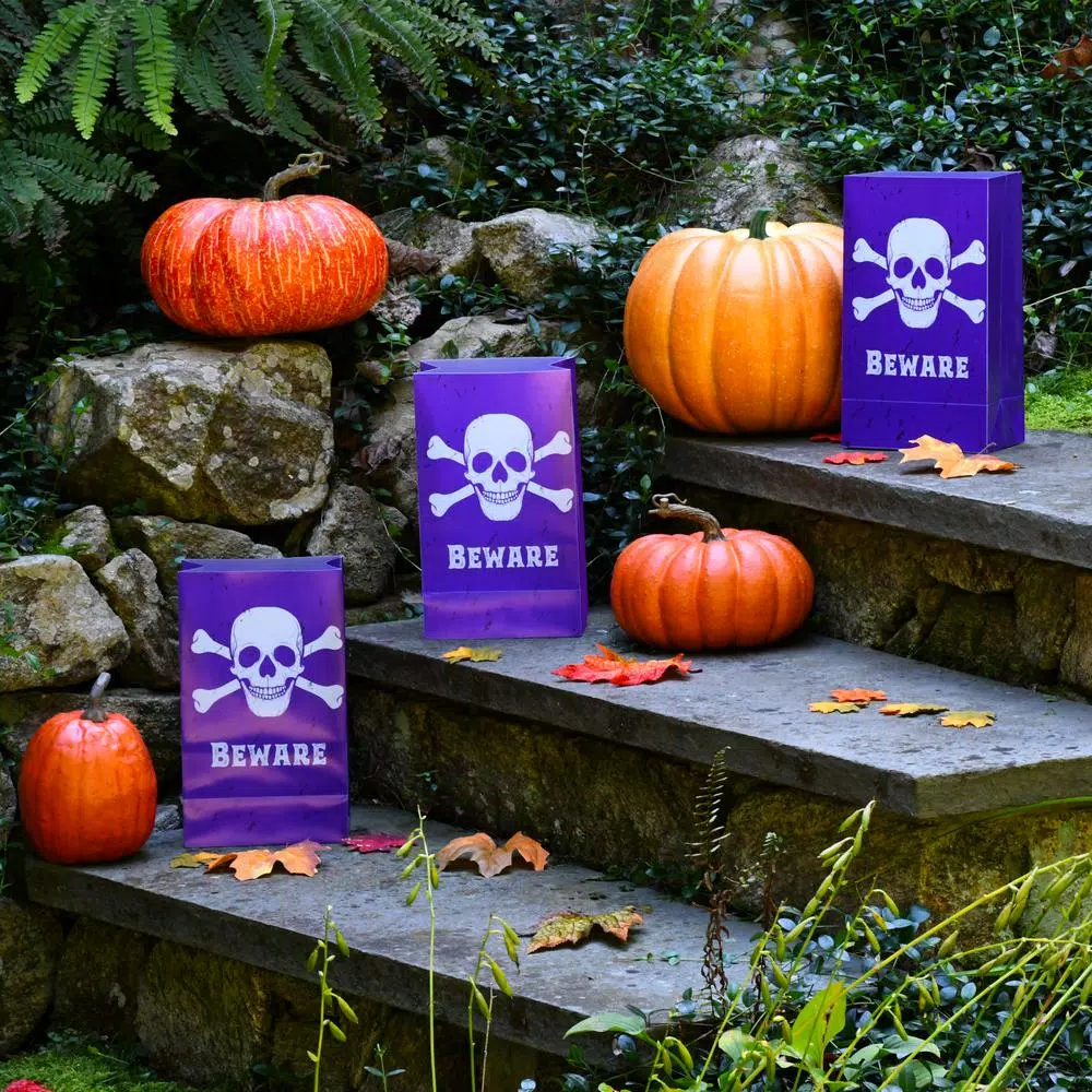 LUMABASE Skull and Crossbones Purple Plastic Halloween Luminary Bags, 12-Count