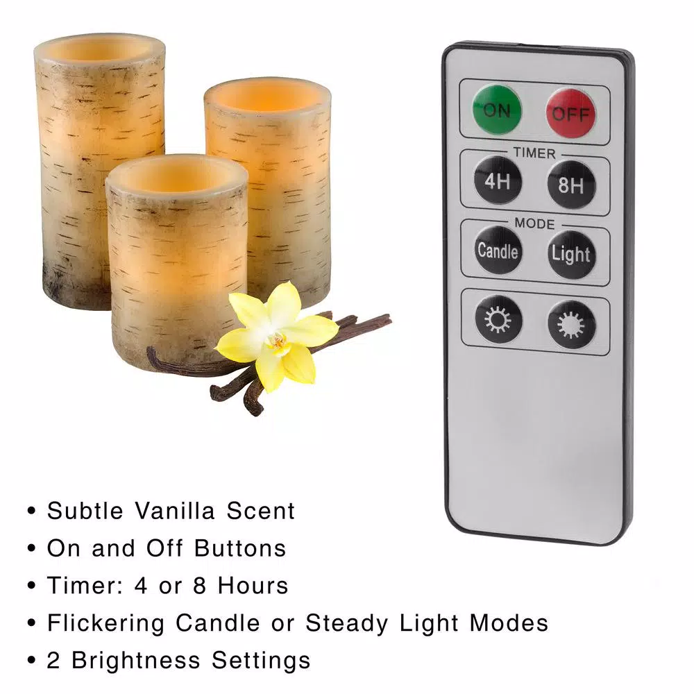 Lavish Home Cream Flameless Birch Bark Pillar Candle Set with Remote