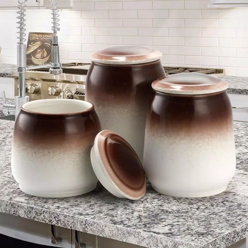 Elama Toasted Coconut 3-Piece Ceramic Kitchen Canister Set with Airtight Lids