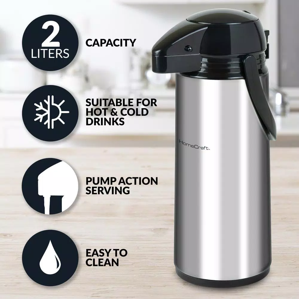 HomeCraft 12-Cup Stainless Steel Coffee Urn Dispenser, 2L Airpot Server