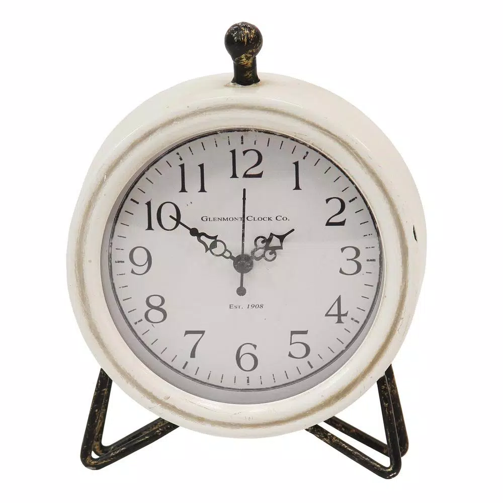 Stratton Home Decor Daisy Table Clock - Mid-Century Modern White Metal and Wood Design