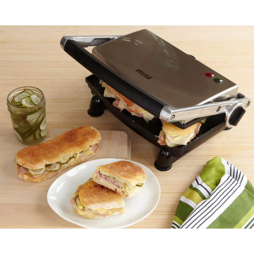 IMUSA 1400W Silver Non-Stick Panini Press and Countertop Grill